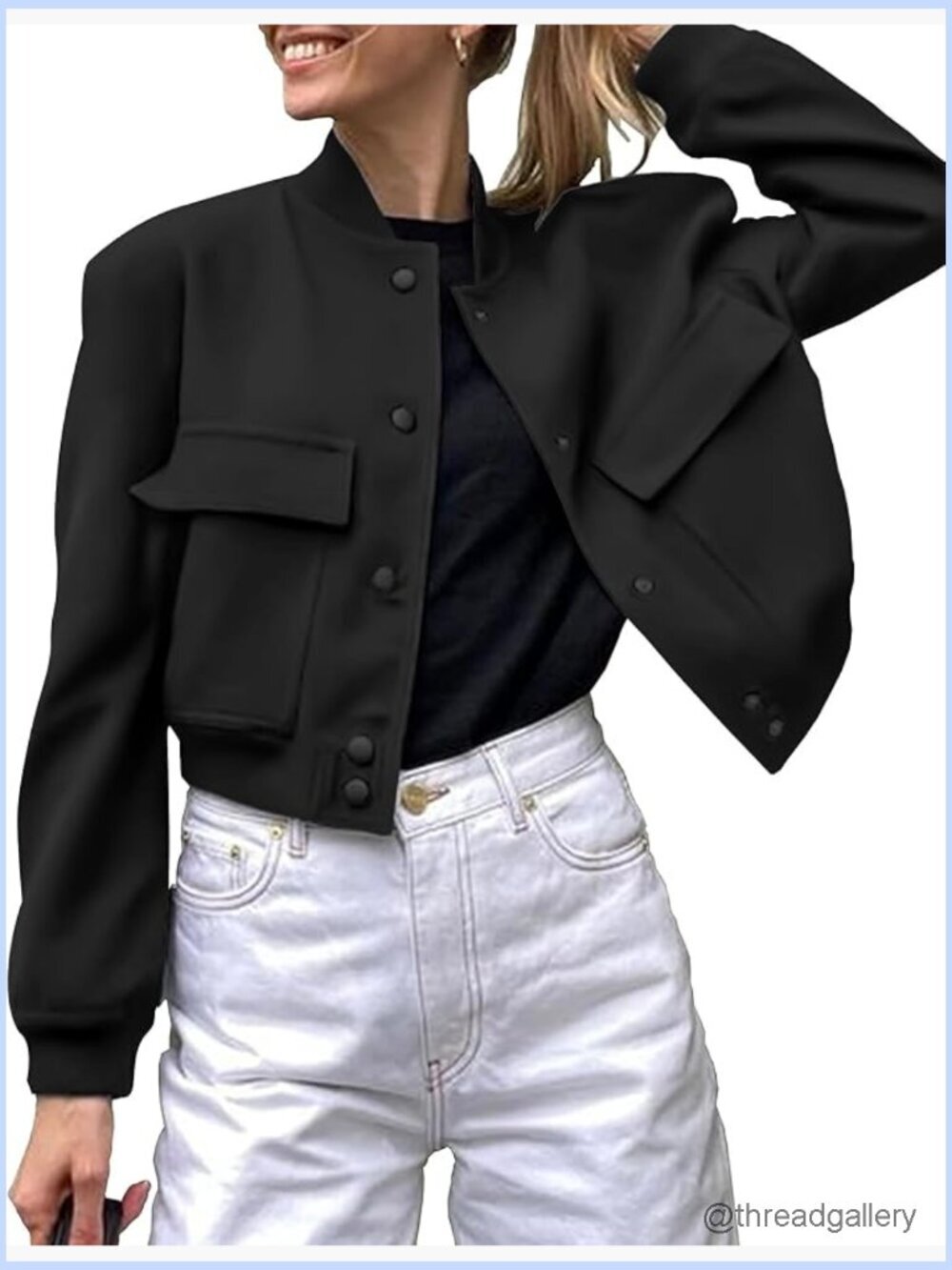 Casual Bomber Jacket with Pockets Button Down Varsity Cropped